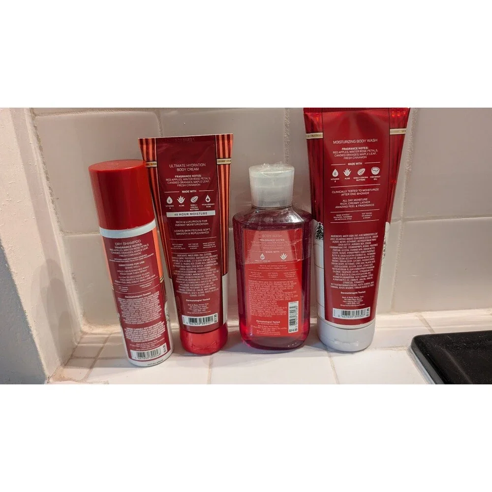 Bath & Body Works Winter Candy Apple 4-Piece Set Cream Wash Dry Shampoo NWT